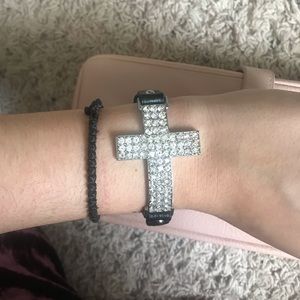 Black bracelet with rhinestone cross